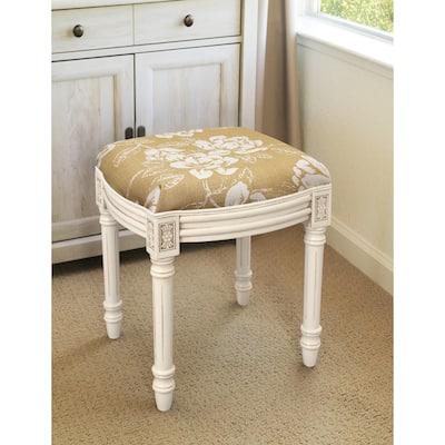 Tan Magnolia Vanity Stool with antique white finish