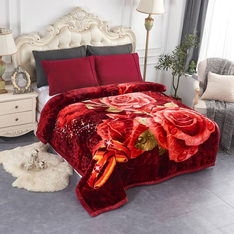 2 Ply Rose Crystal Velvet Blanket 2 Double-sided Design Blanket 7.5-8.5lbs - King - Burgundy