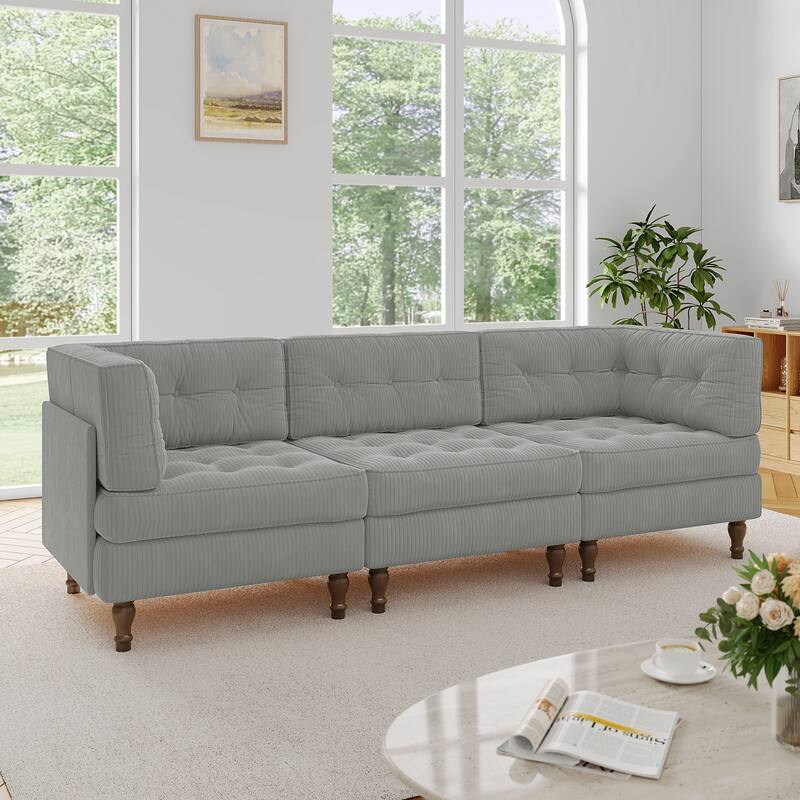 98"W Modular Upholstered Corduroy Sectional Sofa for Living Room - Light Grey