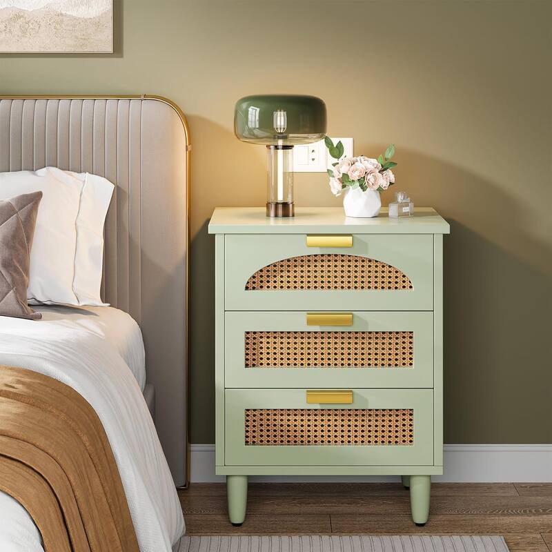 Rattan Nightstand, 3-Drawer Storage Bedside/End Table for Bedroom, Living Room, Sofa Side & Office
