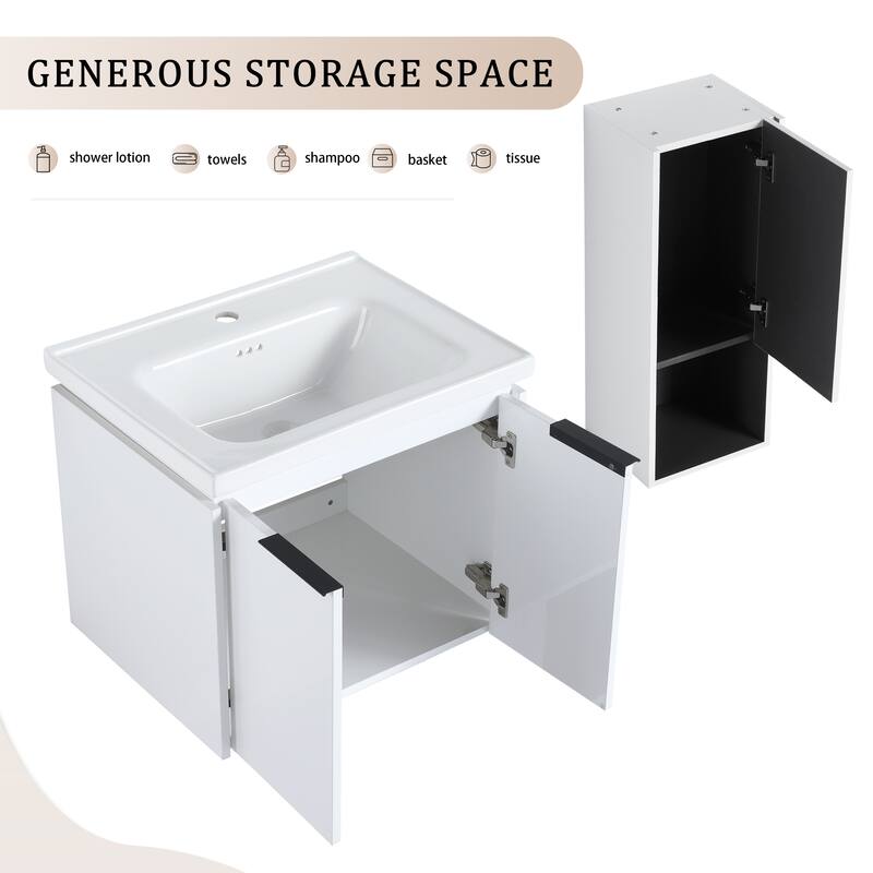 24" Wall-Mounted Bathroom Vanity with Ceramic Sink and Soft-Close Doors, Side Cabinet for Extra Storage