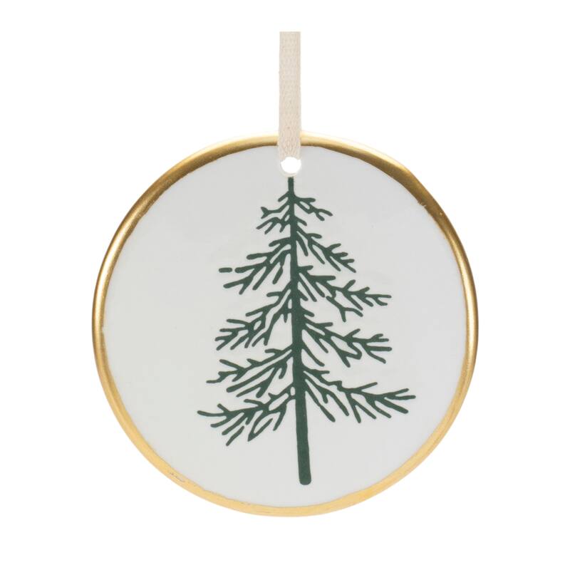Set of 12 White Green Gold Ceramic Christmas Tree Ornaments Pine Disc Decor for Tree - 3.25”L x 0.25”W x 3.5”H