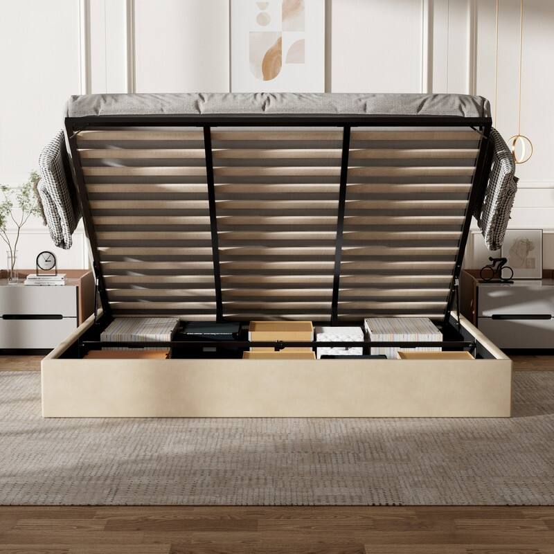 Modern Upholstered Lift-Up Storage Platform Bed with Headboard