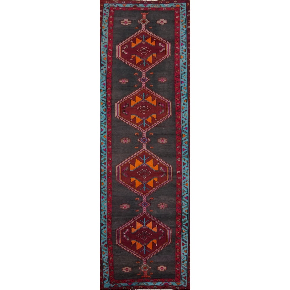 Hand Knotted Oriental 100% Wool Carpet Traditional Geometric Greys & Charcoal Ardebil Runner Rug - 13' 5'' X 3' 8''