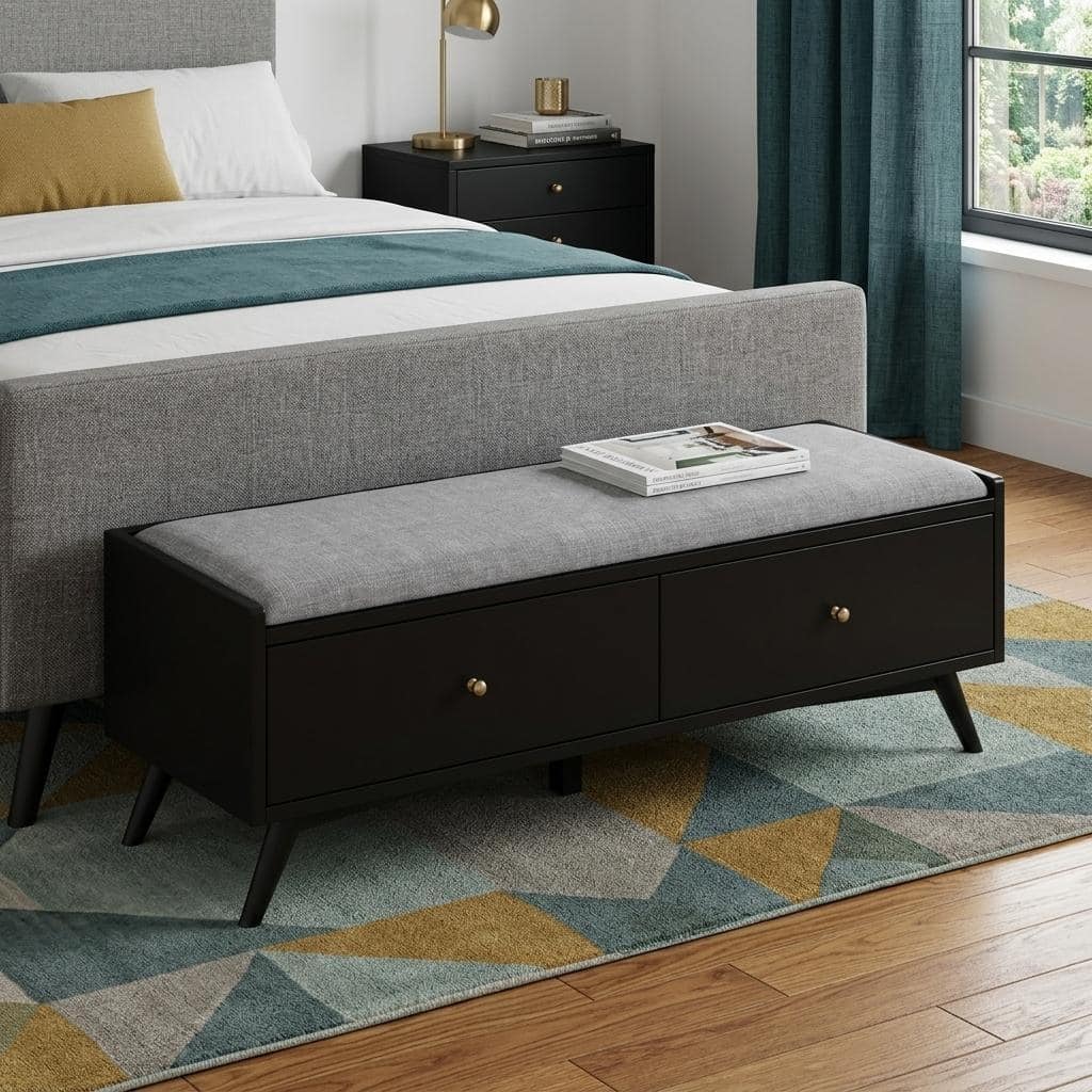 HomeRoots 59" Gray and Black Fabric Upholstered Storage Bench with Drawers - 59.00 in. x 18.50 in. x 15.00 in.