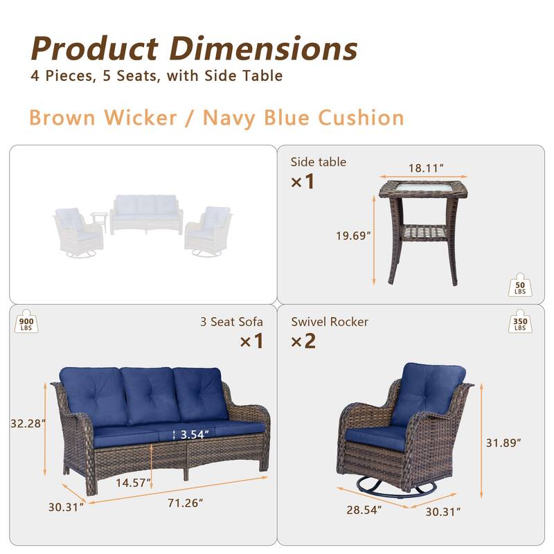 High Back 4-Piece Outdoor Wicker Patio Furniture Seating Sofa Set with Swivel Chairs