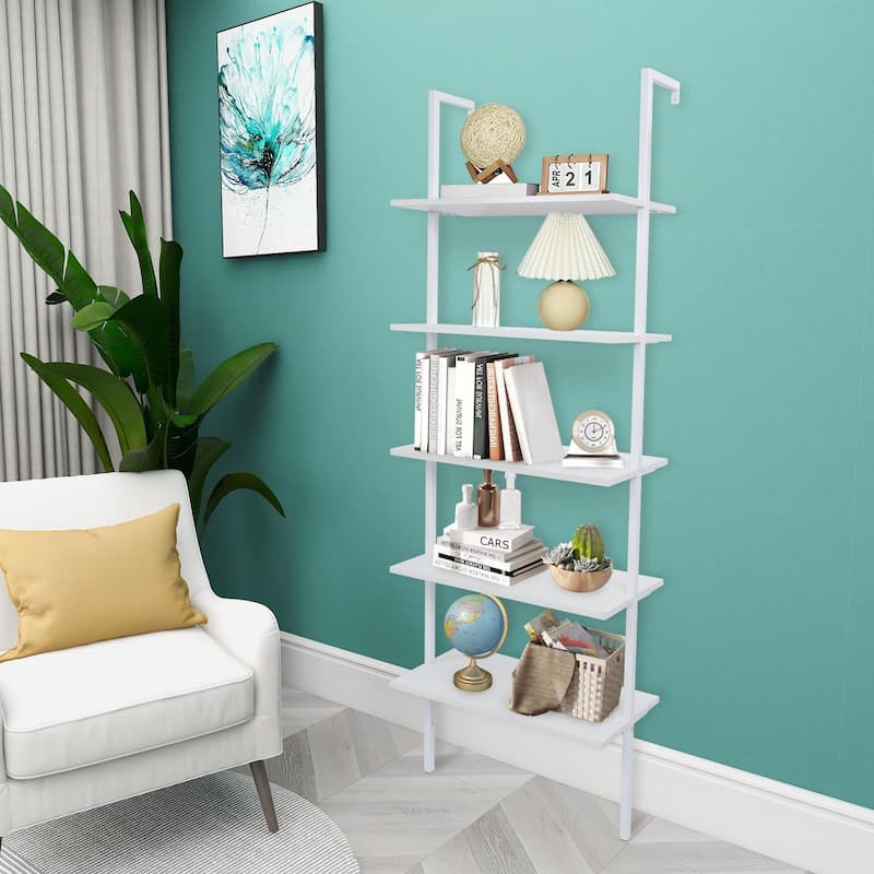 Industrial Wood Ladder Metal Frame Bookcase with 5-Shelf - White