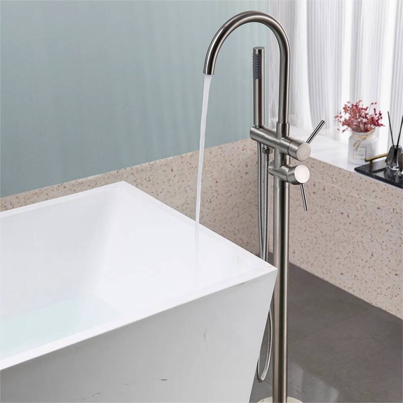 KISRAIS Double Handle Floor Mounted Freestanding Tub Filler Faucet with Handshower - Silver
