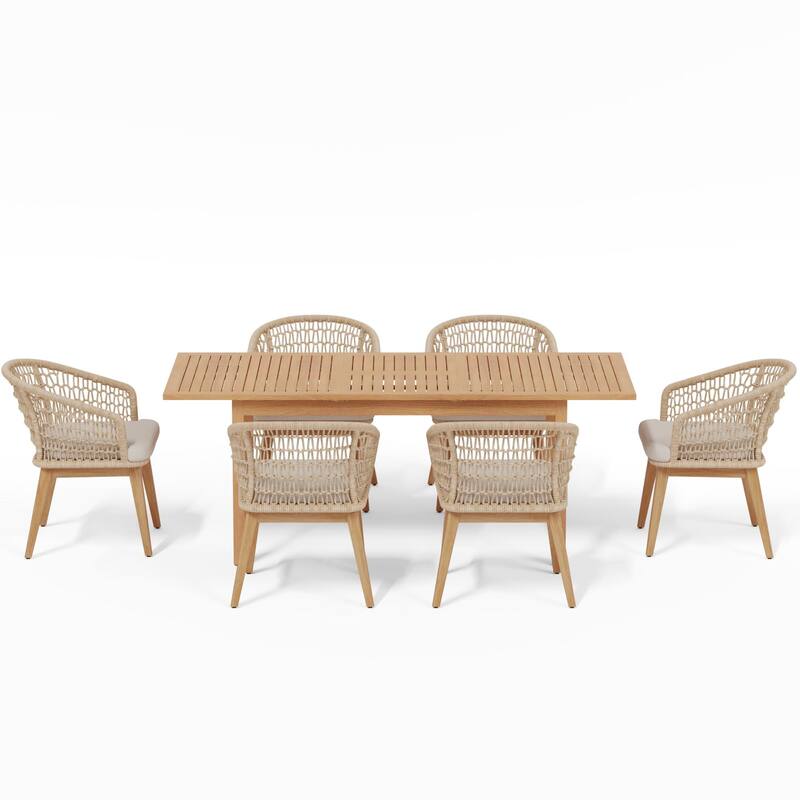 Outdoor Wooden Dining Table Set with 6 Woven Rope Chairs