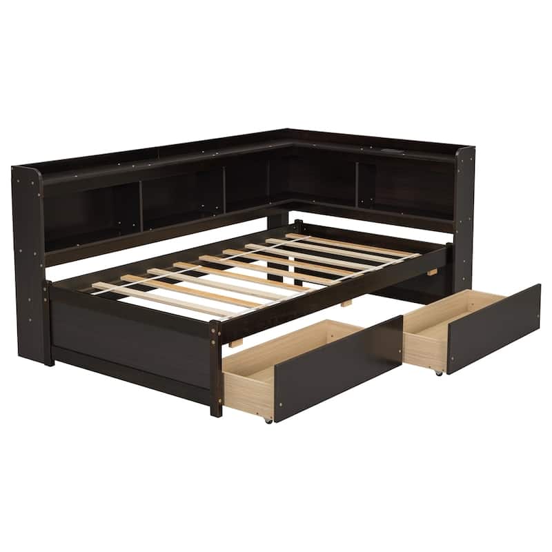 Twin Size L-shaped Bookcases Bed with Power Outlets
