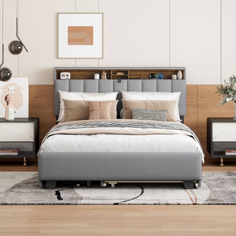 Full/Queen Size Upholstered Platform Bed with Trundle and 2 Drawers, Bed Frame w/Storage Headboard, a set of Sockets & USB Ports