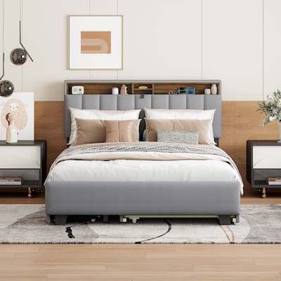 Queen Size Upholstered Platform Bed w/ Storage Headboard, Twin XL Size Trundle & 2 Drawers & USB Ports, Linen Fabric, Gray