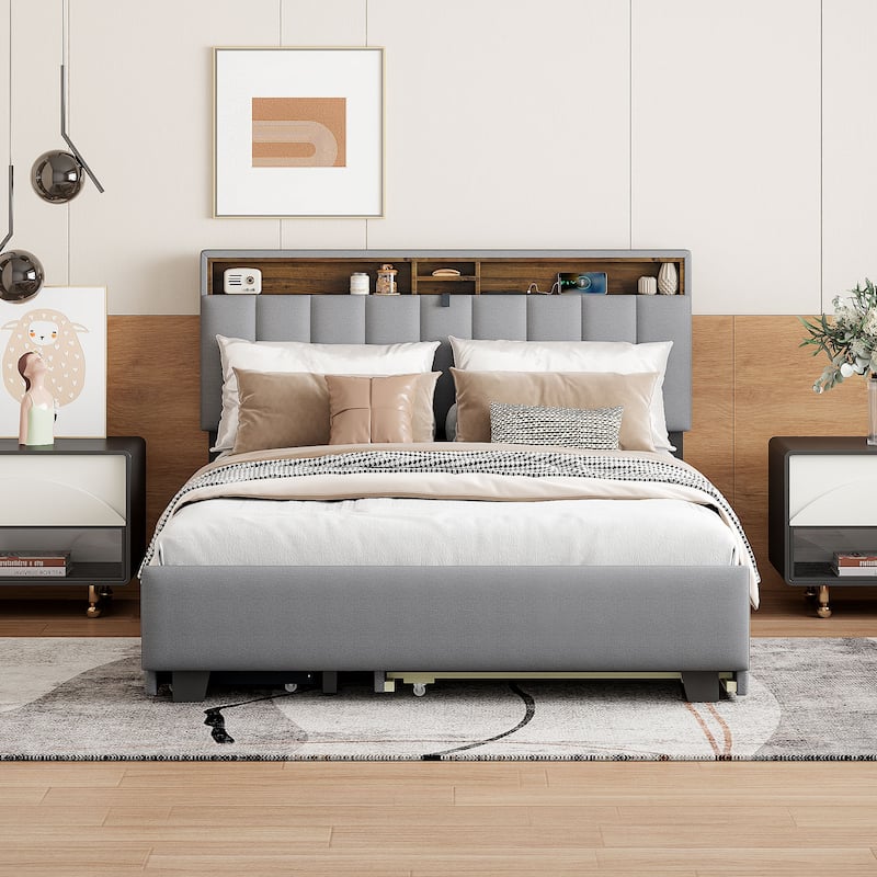 Upholstered Platform Bed with Storage Headboard