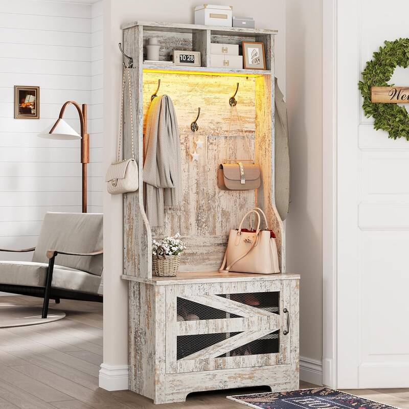 Hall Tree w/ Bench Shoe Storage Shoe Cubby Barn Door Adjustable Shelf