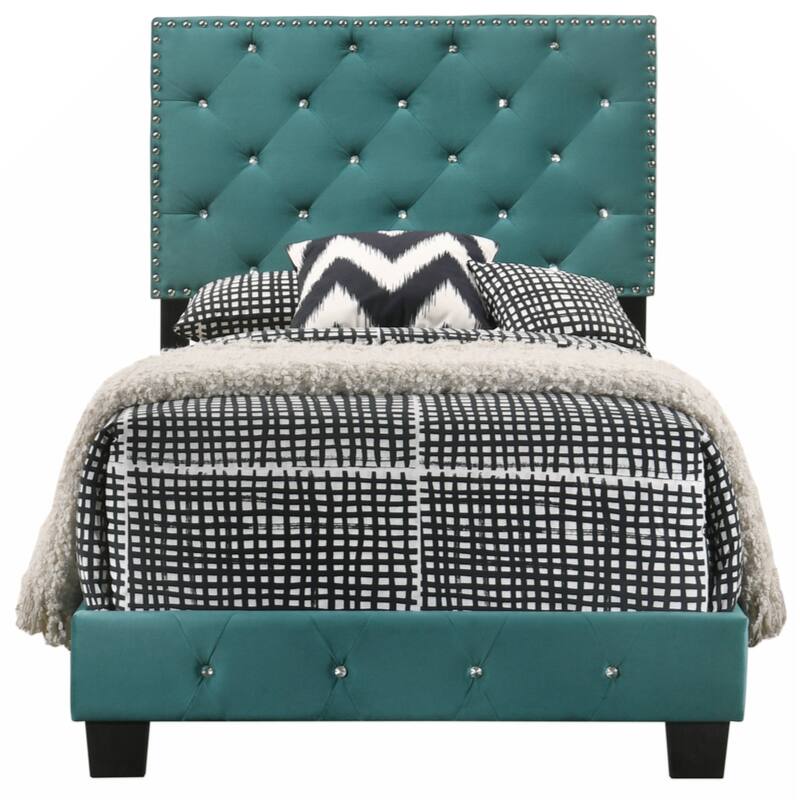 Green Velvet Platform Bed with Nailhead Trim, Twin Size