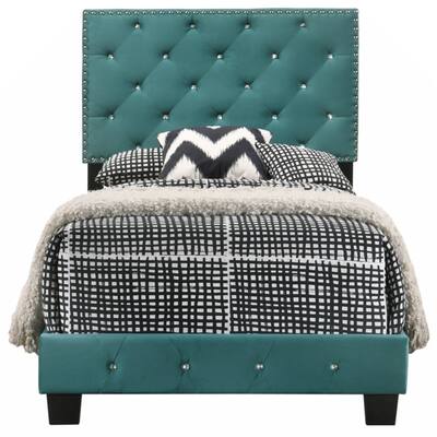 Green Velvet Platform Bed with Nailhead Trim, Twin Size