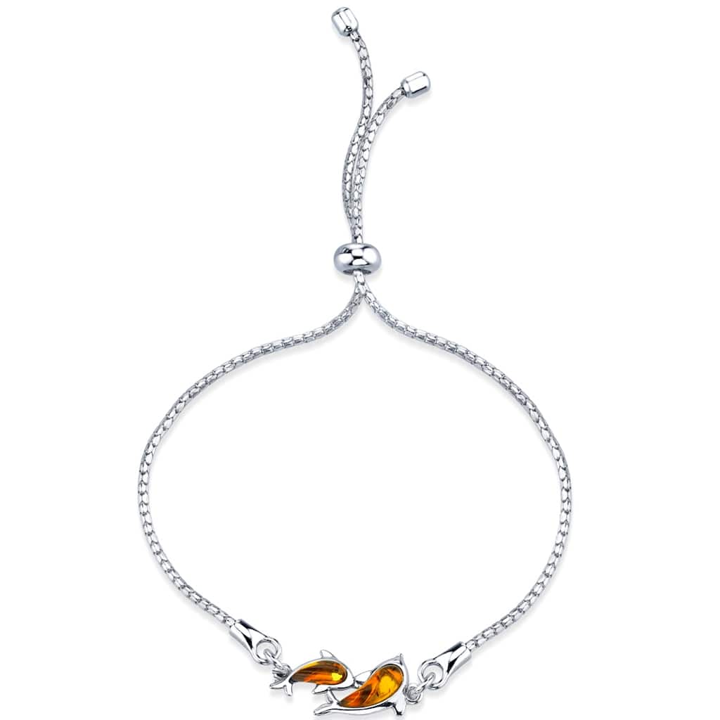 Sterling Silver Baltic Amber Dolphin Charm Adjustable Bracelet