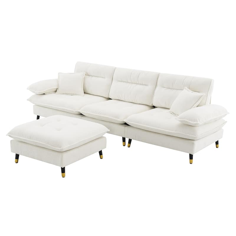 White 106'' L-Shaped 4 Seater Convertible Sectional Sofa with Adjustable Two-Tone Legs, Movable Ottoman