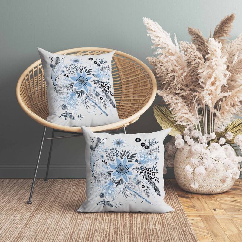 Enchanting Bouquet Indoor/Outdoor Reversible Throw Pillow Blue and Grey