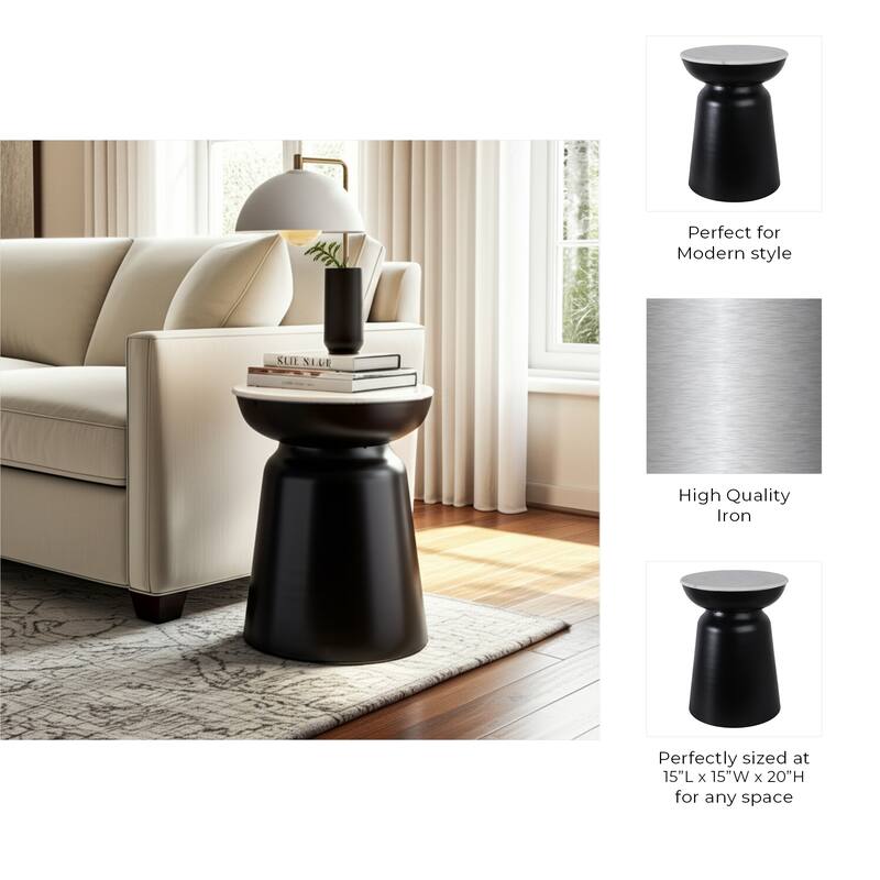 Modern Accent Table with Marble Top and Iron Base - 20" Black - 15" x 15" x 20"