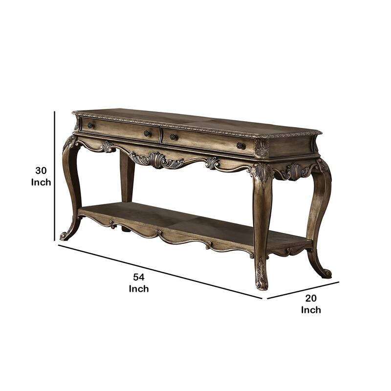 Wooden Sofa Table With Two Drawers And Bottom Shelf, Vintage Oak Brown