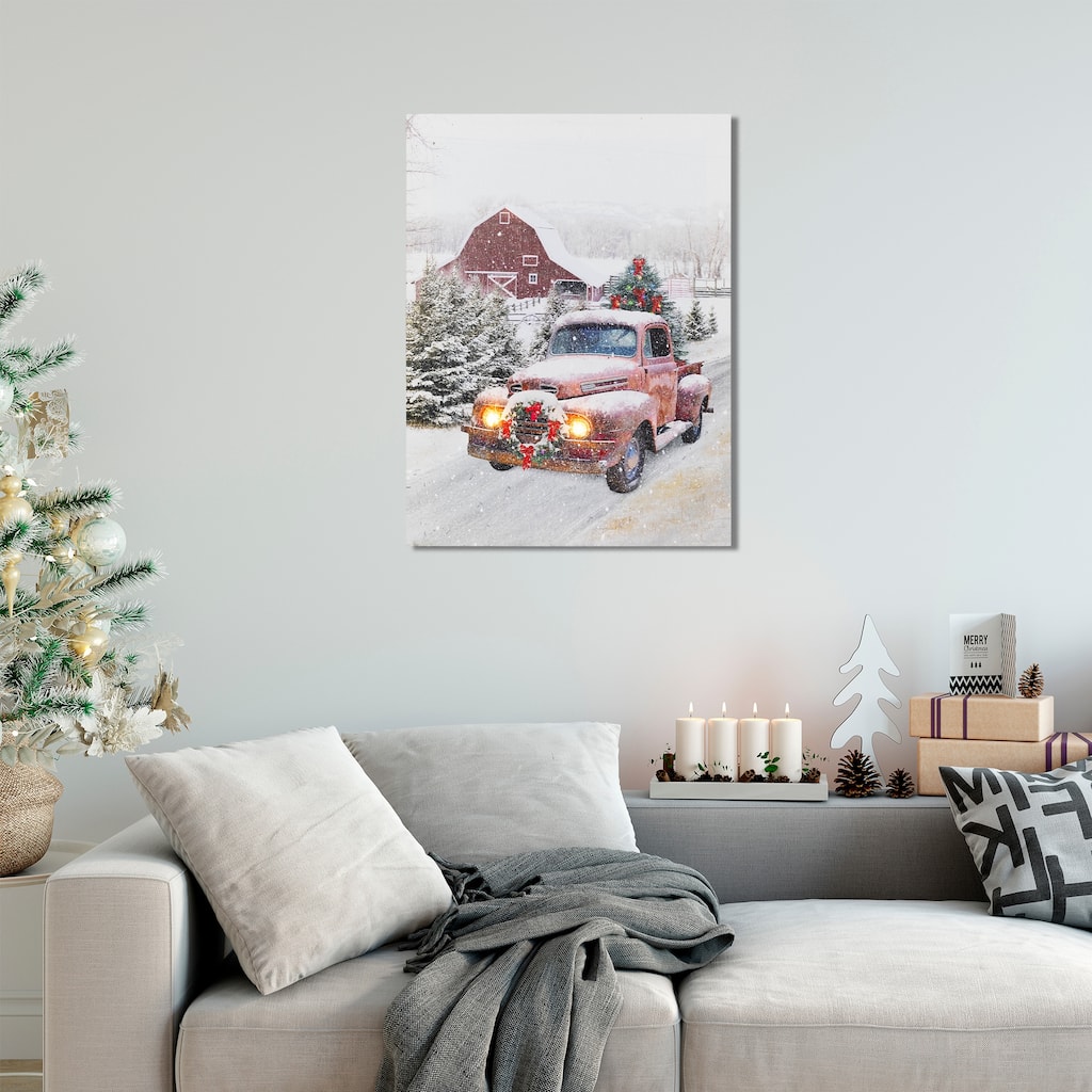 LED Fiber Optic Truck Tree Christmas Canvas Wall Art 15.75"x11.75"