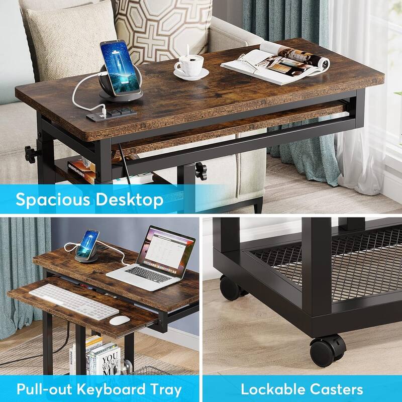 28"-39.3" Height Adjustable Portable Desk with Power Outlet & USB Ports - Brown