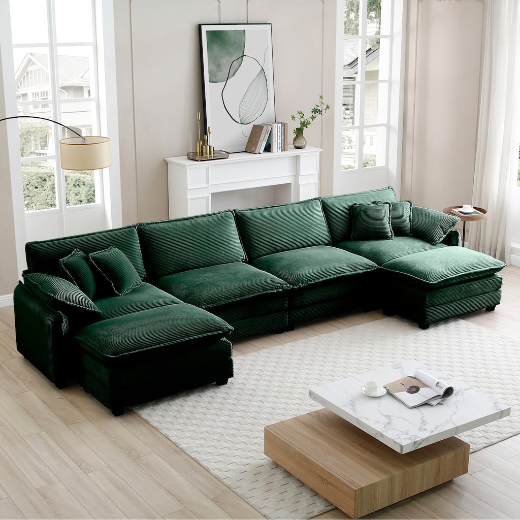 Green 6-Piece Oversized Corduroy U-Shaped Modular Sectional Sofa with Ottomans