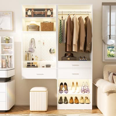 Set of 2 Closet System with Hanging Rod and Shoe Rack,Walk-in Closet Organizer with Drawers and Magnetic Pegboard