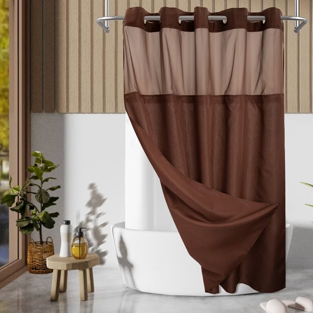 No Hooks Required Slub Textured Shower Curtain with Snap-in Liner Set - 71Wx74L - Chocolate/White Fabric Liner