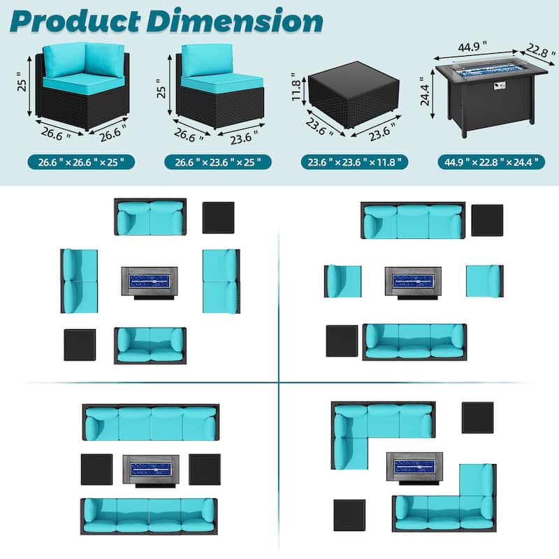 11 Piece Sectional Seating Group with Fire Pit and Cushion