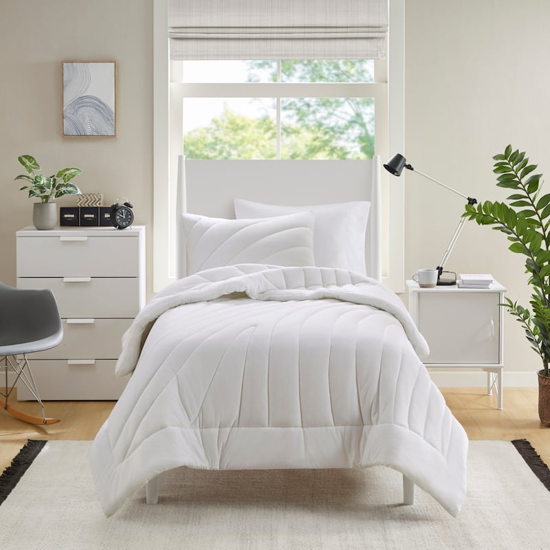 GDF Studio - Elowen Poly Jersey Puffy Comforter Set with Quilted Design - White (Full/Queen)