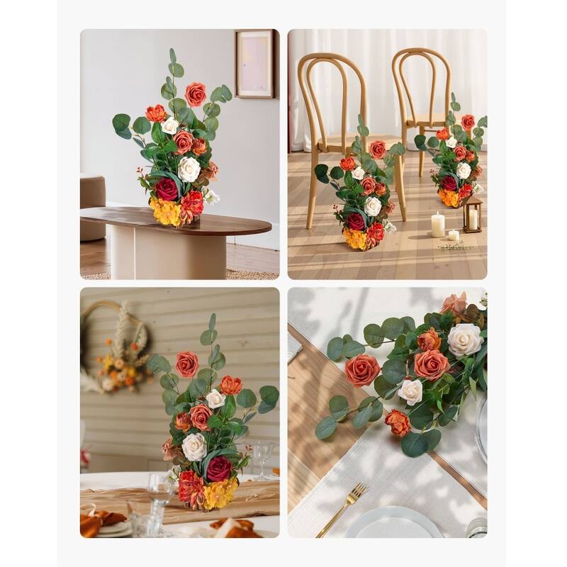 Orange Silk Rose Centerpieces Set of 4 with Wood Base for Weddings - 17.7 x 9.8 x 9.8 inch