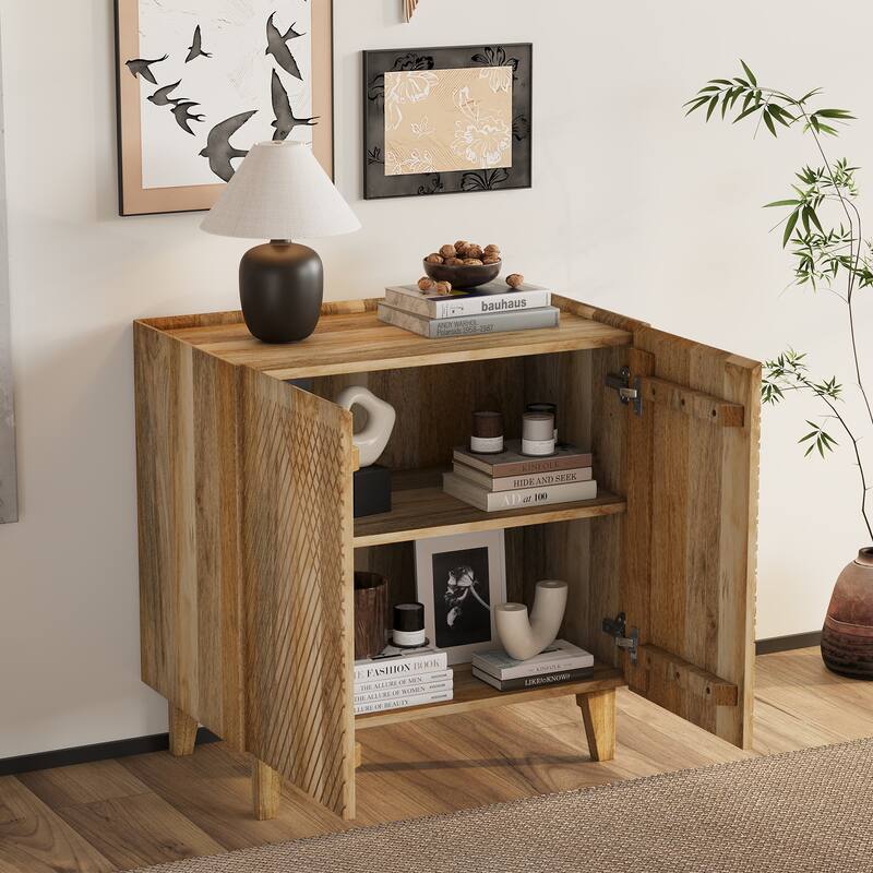 Wood Accent Cabinet with Storage, Rustic Mango Wood Storage Cabinet with Fluted Design and Adjustable Shelf for Dining R