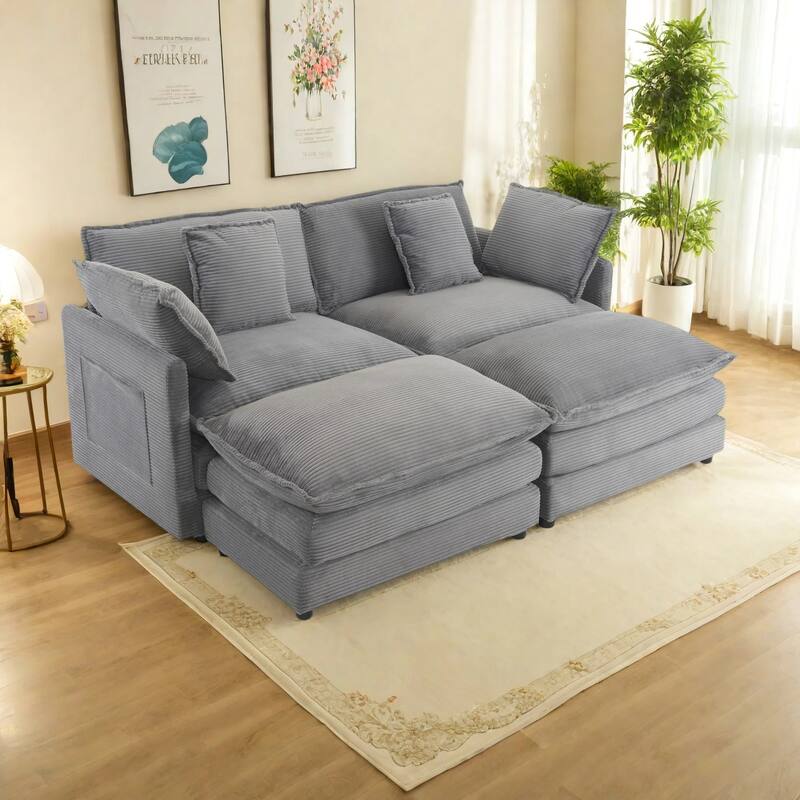 75.6" Corduroy Upholstered Modular Sleeper Sectional Sofa with Side Storage Pockets - Grey