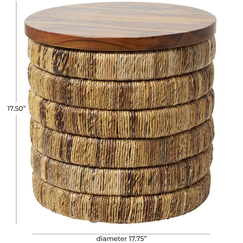 Seagrass Handmade Linear Wrapped Side End Accent or Coffee Table with Teak Wood Top - Brown - Roche River Décor