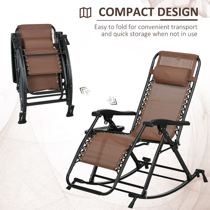 2 Pcs Outdoor Breathable Reclining Rocking Chair, Folding Chaise Lounge Chair with Detachable Tray & Movable Pillow