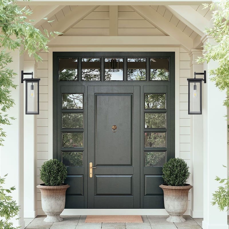 20"(H) Set of 2 Outdoor Wall Lanterns with Black Metal Frame and Clear Glass, Weatherproof Wall Sconces, E26 Bulb (No Bulbs)