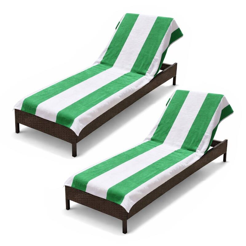 100% Cotton Cabana‑Stripe Lounge Chair Cover Terry Towel with Fitted Pocket & Back Flap Set of 2