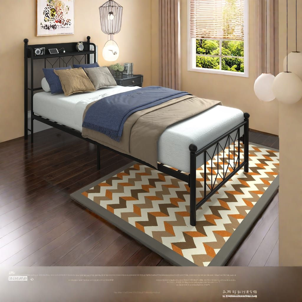 Twin Size Platform Bed with Storage Headboard and Charging Station,RGB Remote-Controlled Lighting, USB/Type-C Ports