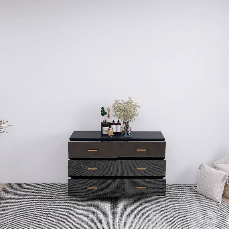 6-Drawer Double Dresser, Chest of Drawer with Golden Handle and Golden Steel Legs