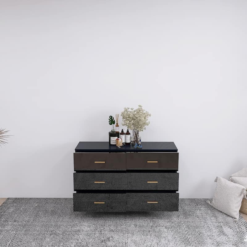 High Gloss 6-Drawer Chest with Golden Handles & Steel Legs, Large Modern Dresser with Anti-Tip Design for Bedroom, Black