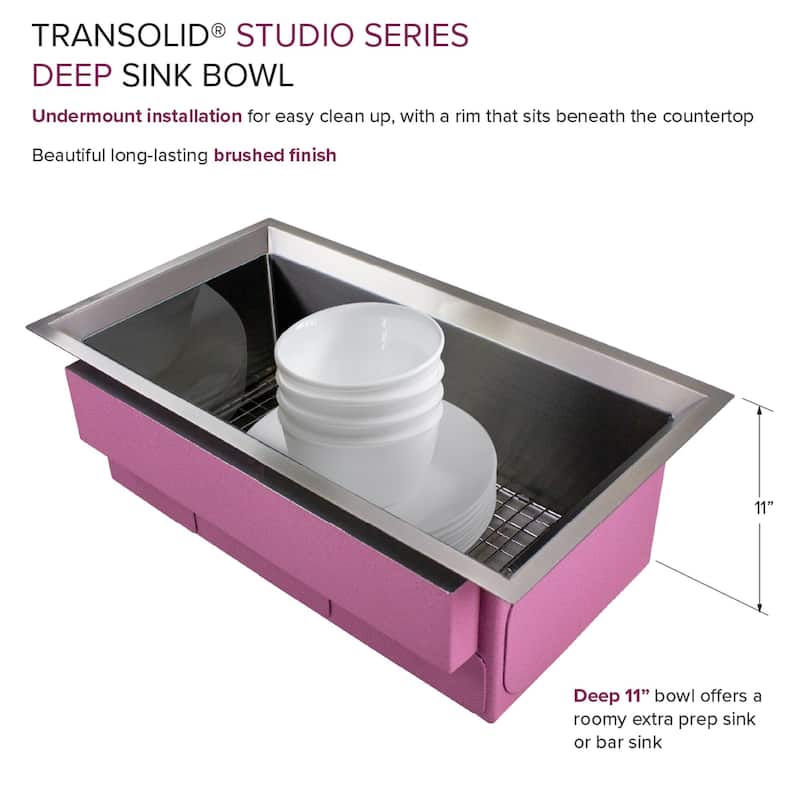 Transolid Studio 33-in x 19-in x 11-in Undermount Stainless Kitchen Sink, SinkPocket, Grid, Strainer - 33-in x 19-in x 11-in