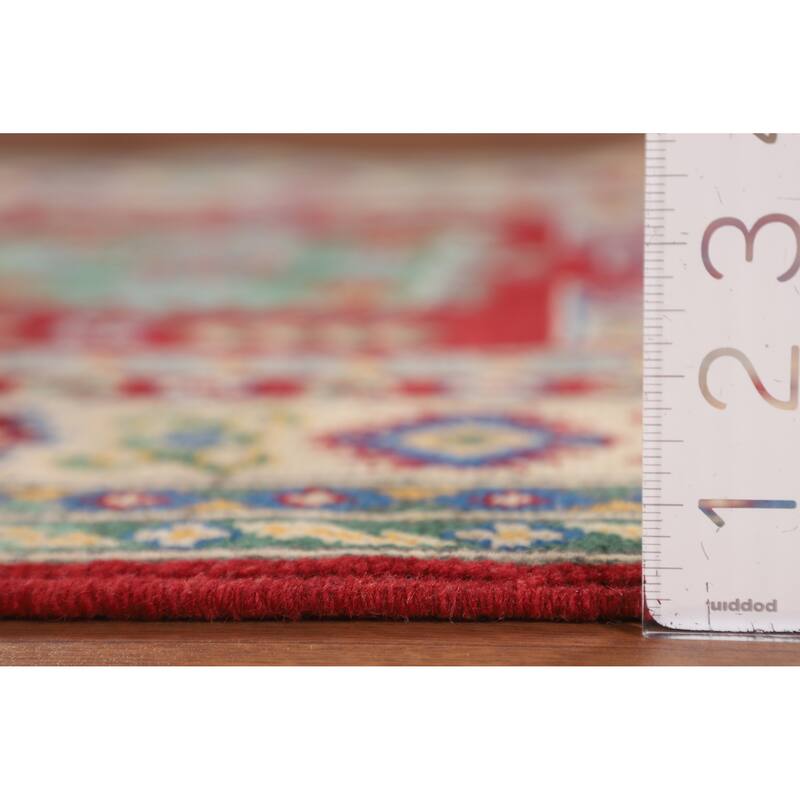 Red Geometric Kazak Oriental Foyer Rug Hand-Knotted Wool Carpet - 3'4" x 5'0"