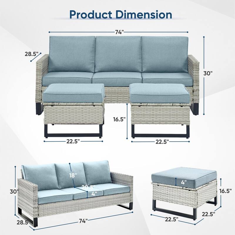 3 Pieces Outdoor Wicker Sofa with Ottomans Light Grey - Baby Blue - Light Grey
