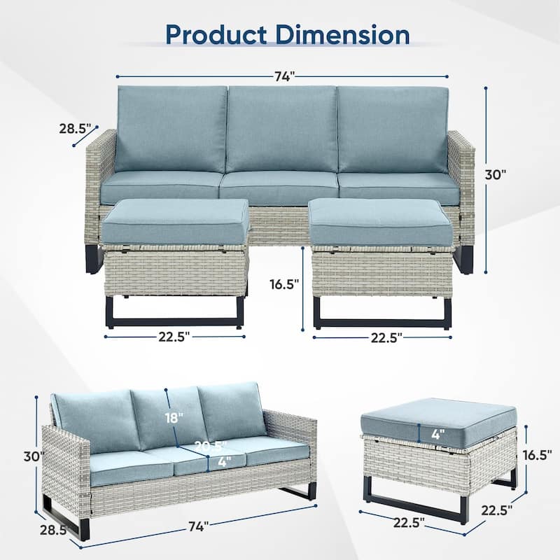 3 Pieces Outdoor Wicker Sofa with Ottomans