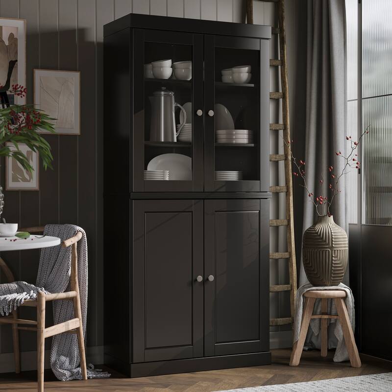 Palace Imports 100% Solid Wood Pantry Cabinet, Raised Panel & Clear Glass Doors, Adjustable Shelves, 32" Wide, 71.5" Tall - Black