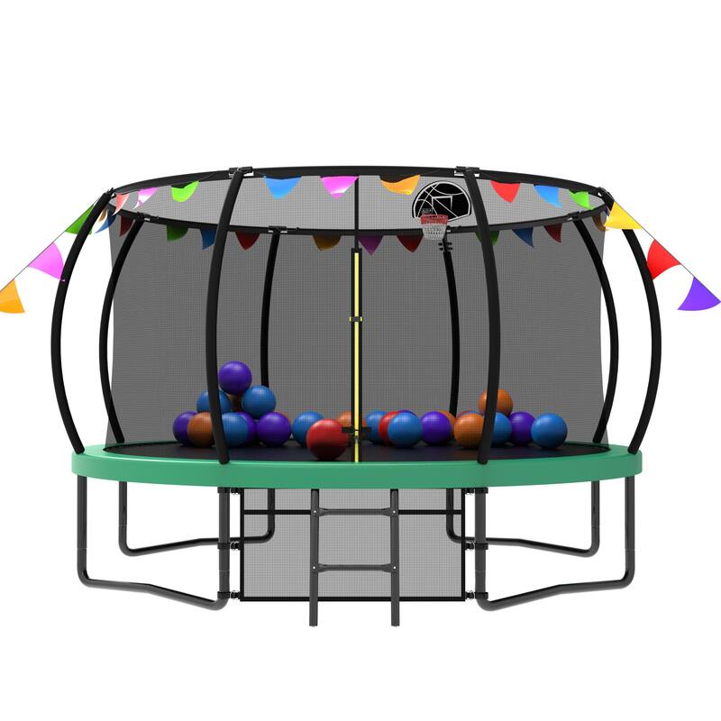 12FT Recreational Kids Trampoline with Safety Enclosure Net & Ladder, and flag parts, Outdoor Recreational Trampolines - Green