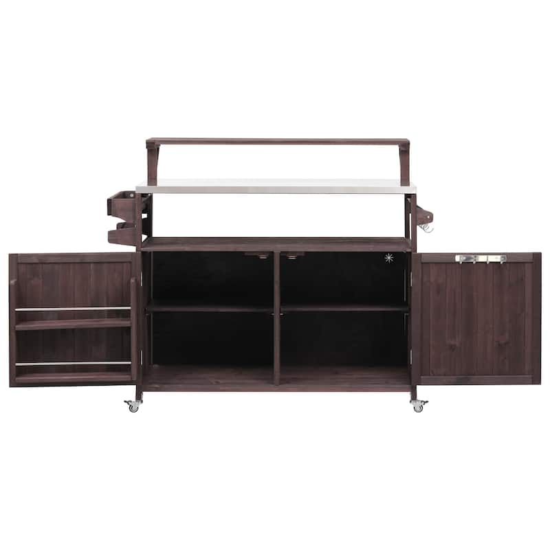 53.3" Outdoor Kitchen Island with Stainless Steel Top, Raised Shelf Solid Wood Storage Cabinet Outdoor Rolling Grill Cart