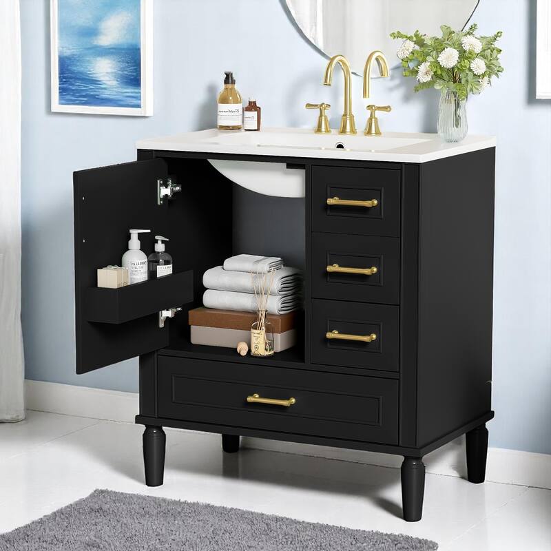 30" Bathroom Vanity with Sink, Freestanding Storage Cabinet with 3 Drawers, Soft-Close Door, Ceramic Basin,Bathroom Cabinet
